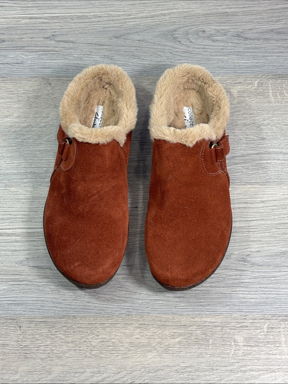 Clarks Collection Roseville Brown Slip On Clog with Faux Fur Lining - size 8